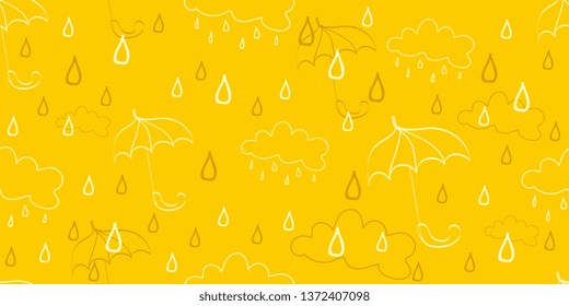 Umbrellas and clouds. Seamless background. Background of clouds and umbrellas. Raindrops. Rainy weather. Vector graphics