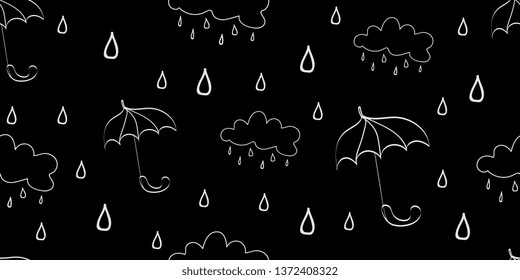 Umbrellas and clouds. Seamless background. Background of clouds and umbrellas. Raindrops. Rainy weather. Vector graphics