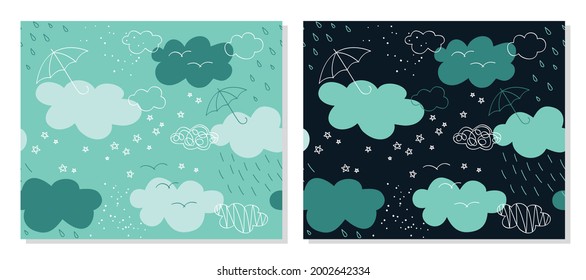 Umbrellas and clouds - set of  Seamless patterns. Vector background for fabric, textile, wallpaper, posters, gift wrapping paper, napkins, tablecloths, pajamas. Print for kids, baby, children