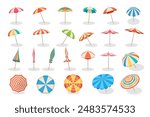 Umbrellas. Colored different views of beach umbrellas for sun protection recent vector cartoon set isolated