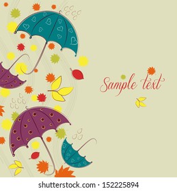 Umbrellas and falling leaves - autumn vector background 