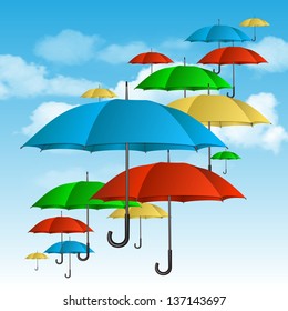 ?olorful umbrellas flying high. Vector illustration
