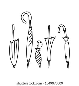 umbrellas folded hand drawn sketch for banners. Protection against atmospheric precipitation, various design, style, length of the subject, hook handle curved, convenient.