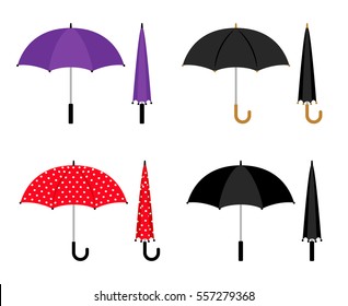 Umbrellas folded and opened collection. Black, red and violet parasol vector icons isolated on white background.