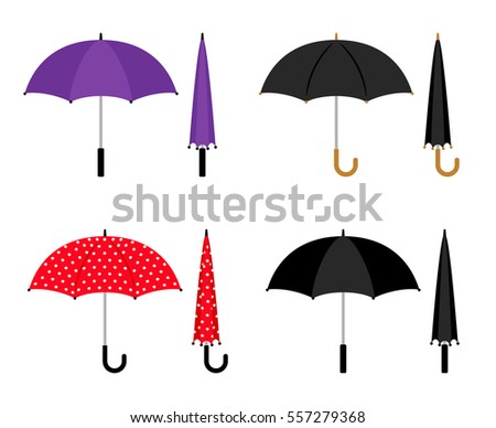 Umbrellas folded and opened collection. Black, red and violet parasol vector icons isolated on white background.
