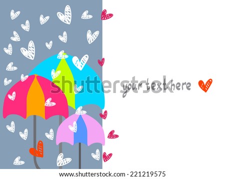 Umbrellas and hearts fall. Heart as show. Creative protect and health care concept.  Vertical page design with place for text. Vector illustration. Isolated on white. For card,  greeting, invitation.