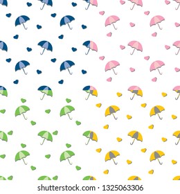 Umbrellas and hearts with shadows - seamless repeat pattern in 4 colors. Baby shower/ kids wrapping paper. 