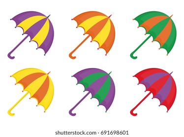 Umbrellas icon set, flat or cartoon style. Beach multicolored umbrella collection of design elements. Isolated on white background. Vector illustration