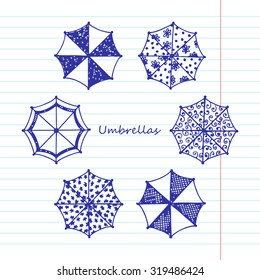 Umbrellas icons. Vector Set of hand drawn Doodles Umbrellas