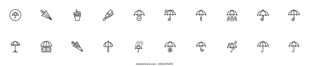 Umbrellas line vector pictograms pack. Editable stroke. Simple linear illustration that can be used as a design element for apps and websites 