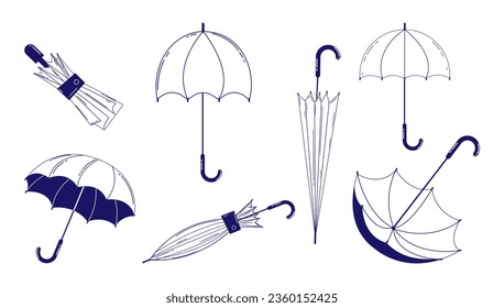 Regenschirme im linearen Stil. Eine Reihe von Regenschirmen aus verschiedenen Blickwinkeln und Positionen. Lineare Vektorgrafik.