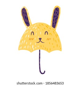 Umbrellas look like rabbit on white background. Abstract umbrella yellow color in doodle vector illustration.