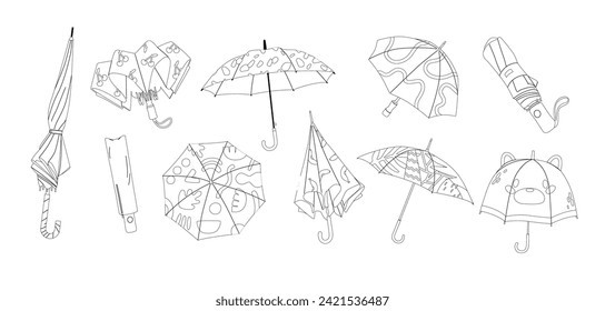 Umbrellas Outline Monochrome Vector Icons Set. Portable, Collapsible Devices Designed To Shield From Rain Or Sunlight