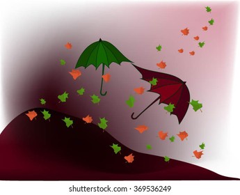 UMBRELLAS OVER THE HILL WITH LEAVES