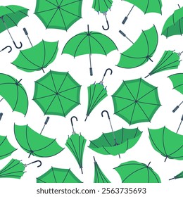 Umbrellas pattern. Green open and close umbrella seamless design, rainy seasonal parasols flat vector background illustration. Modern umbrella endless design