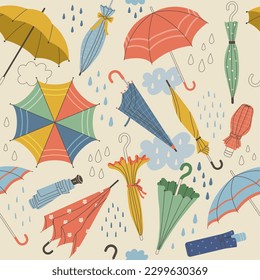 Umbrellas pattern. Seasonal tools umbrellas from rain recent vector seamless background