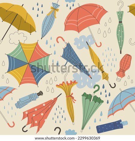 Umbrellas pattern. Seasonal tools umbrellas from rain recent vector seamless background