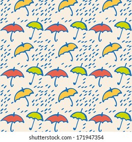 Umbrellas and rain - autumn vector background. Seamless pattern.