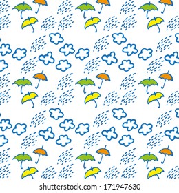 Umbrellas and rain - autumn vector background. Seamless pattern.