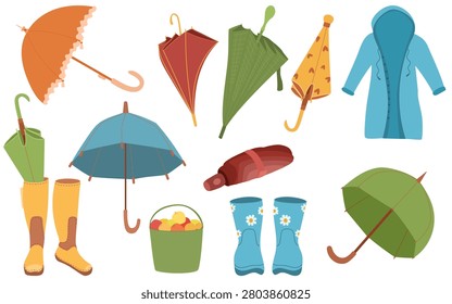Umbrellas, rain boots, raincoat, folded umbrellas and basket clipart collection for autumn weather, rainy season, seasonal decor and planner designs, vector illustration isolated on white background.