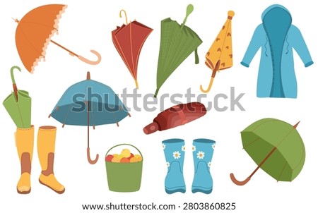 Umbrellas, rain boots, raincoat, folded umbrellas and basket clipart collection for autumn weather, rainy season, seasonal decor and planner designs, vector illustration isolated on white background.