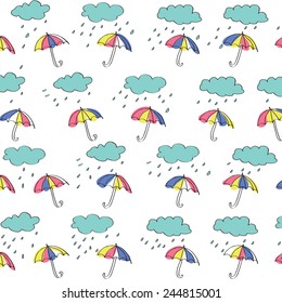 umbrellas with rain and clouds on white background
