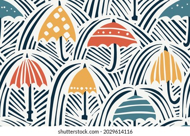 Regenschirme und Regenüberzug Vektor nahtlos Muster - Design für Stoff, Umhüllung, Textilien, Tapeten, Hintergrund.