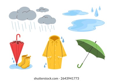 Guarda-chuvas, capas e botas. Nuvens e poças.