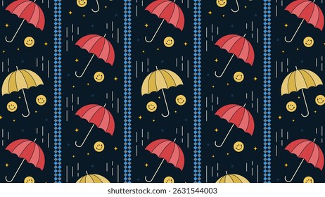 Umbrellas and raindrops: a cheerful rainy day illustration.