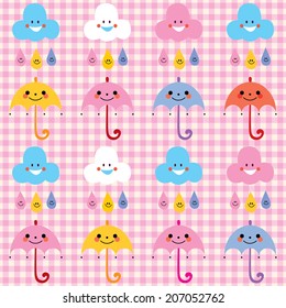 umbrellas raindrops clouds cute characters pattern swatch