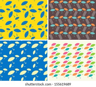 Umbrellas and raindrops seamless background