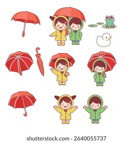 Umbrellas, rainy days, raincoats, children, and frogs