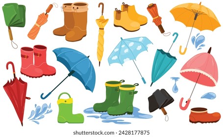 Umbrellas and rubber boots set. Rain protecting accessories, waterproof shoes. Gardening, autumn, spring season. Hand drawn vector illustration isolated on white