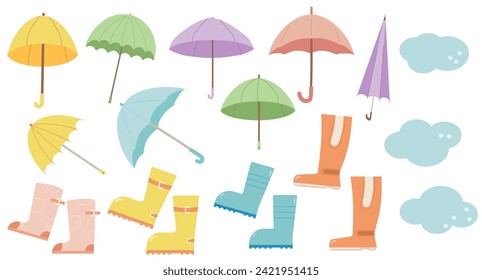 Umbrellas and rubber boots. Set of waterproof pair of shoes and protector for rainy weather. Spring elements set isolated on white background. Vector flat illustration.