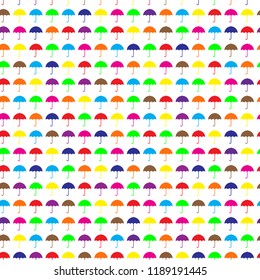 Umbrellas seamless pattern. Autumn (fall) background. Bright many colors umbrellas on the white background. Rainy weather. Protection concept. Vector illustration.