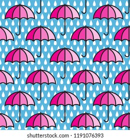 Umbrellas seamless pattern. Autumn (fall) background. Bright pink umbrellas on the blue raindrops background. Rainy weather. Vector illustration.