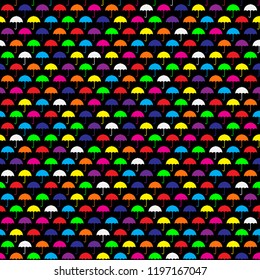 Umbrellas seamless pattern. Autumn (fall) background. Bright many colors umbrellas on the black background. Rainy weather. Protection concept. Vector illustration.