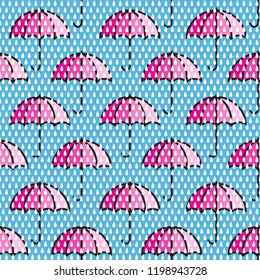 Umbrellas seamless pattern. Autumn (fall) background. Bright pink umbrellas behind the raindrops. Rainy weather. Vector illustration.