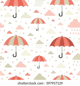 Umbrellas. Seamless pattern with cute umbrellas and clouds.  All elements are  hidden under mask. Pattern are not cropped and can be edited. Cute vector illustration. Weather. Rain.