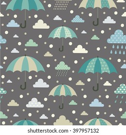 Umbrellas. Seamless pattern with cute umbrellas and clouds.  All elements are  hidden under mask. Pattern are not cropped and can be edited. Cute vector illustration. Weather. Rain.