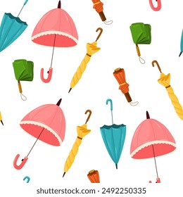 Umbrellas, seamless pattern, endless background. Rain weather accessories, open and closed, repeating print, texture design for textile, fabric, wrapping. Printable repeatable flat vector illustration