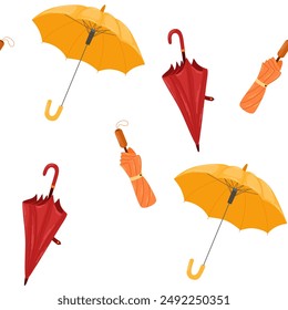 Umbrellas, seamless pattern, endless background. Rain weather accessories, open and closed, repeating print, texture design for textile, fabric, wrapping. Printable repeatable vector illustration

