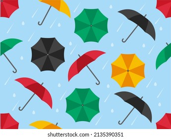 Umbrellas Seamless Pattern. Repeating Image For Printing On Gift Wrapping Paper. Autumn Season And Protection From Rain And Bad Weather. Cold And Strong Wind. Cartoon Flat Vector Illustration