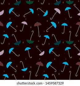 Umbrellas - seamless pattern. Small colorful bright umbrellas, raindrops on dark background. Drawing in retro style. Background or texture for tissue paper, etc.