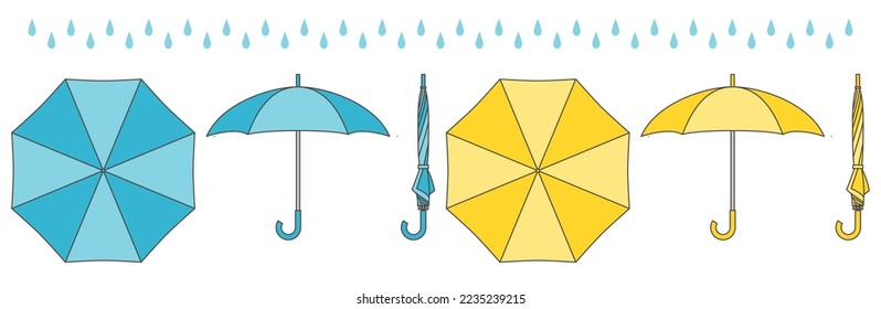 Umbrellas seen from above and from the side. Open and closed umbrellas [Vector illustration].