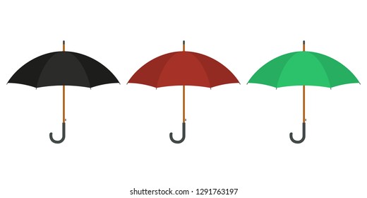 Umbrellas set. Black, red and green umbrellas. Rain protection Vector illustration.
