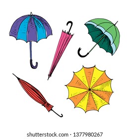 Umbrellas set. Collection of isolated painted colored umbrellas. Multicolor bright doodle illustration. Hand drawn vector illustration without background.
