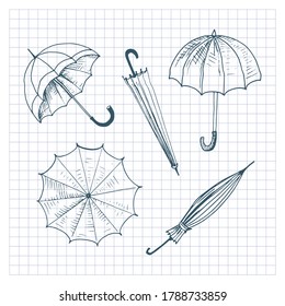 Umbrellas set. Collection of isolated sketchy style umbrellas. Doodle umbrellas on checkered background. Hand drawn vector illustration.