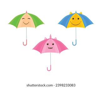 Umbrellas set. Cute colorful umbrellas of various colors. Funny umbrellas with smiles. A funny children s illustration. Vector