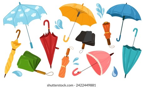 Umbrellas set. Different Umbrellas in various positions open, closed and folded. Rain protecting accessories with handles of different design, type. Hand drawn cartoon Vector illustration.